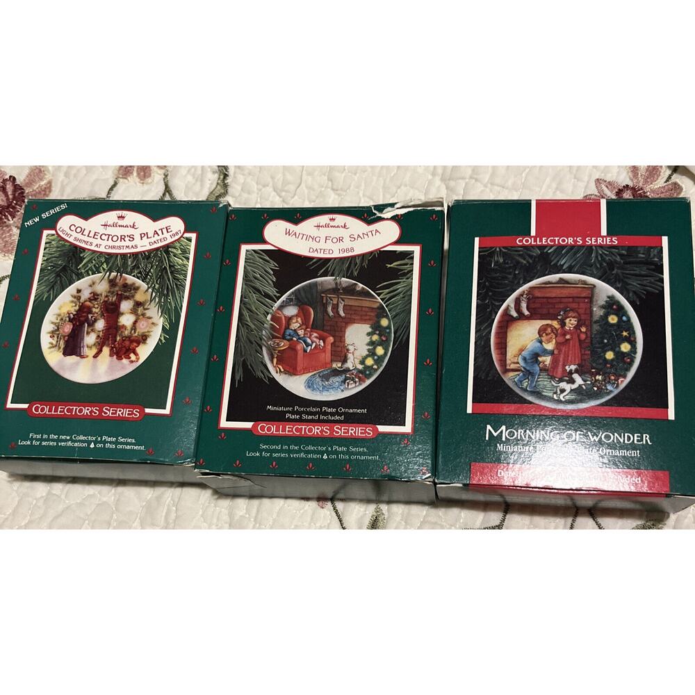 3 Hallmark Ornament Plates 1987-1989 MORNING OF WONDER Waiting FOR SANTA